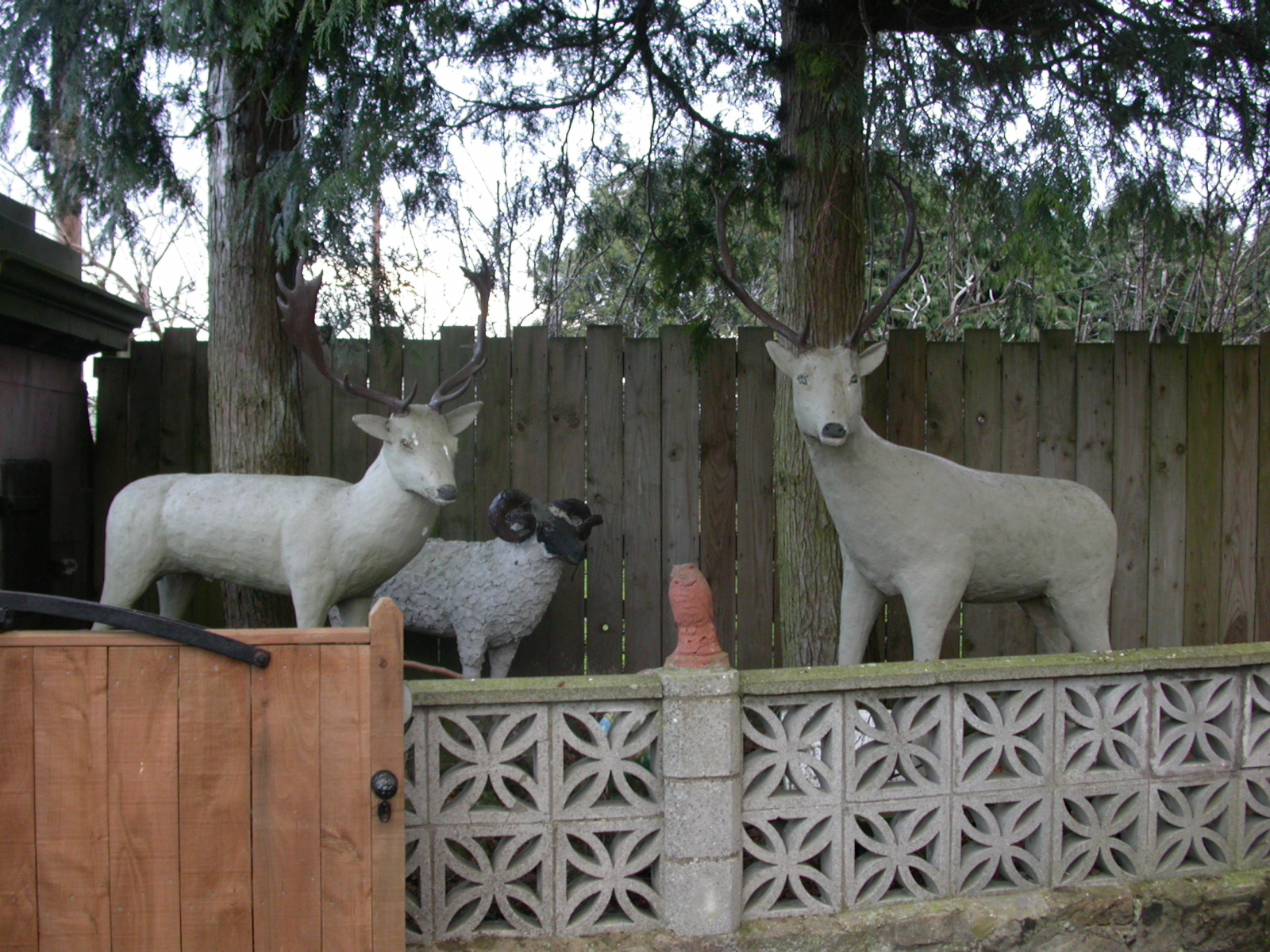 Two cement deer stand next to a cement sheep behind a low wall and under some trees by a wooden fence