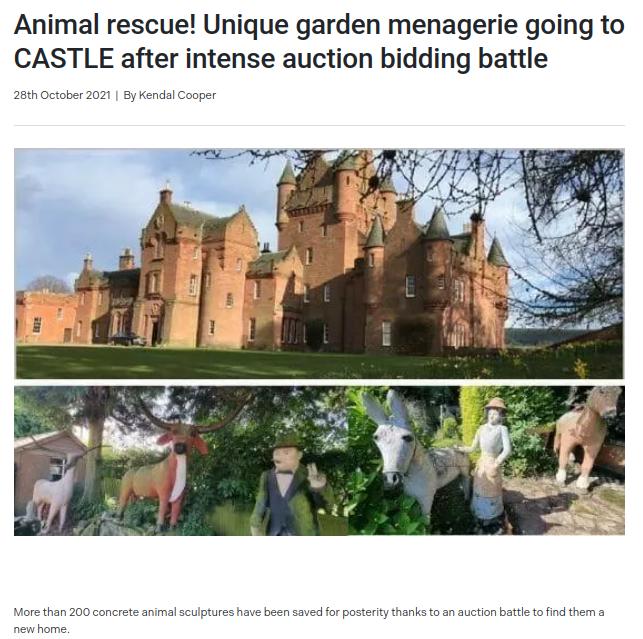 Screengrab from a news article on Hansons auctioneers website. Picture of Ayton Castle, a grand red baronial style thing, and a picture of the cement menagerie, plus text that More than 200 concrete animal sculptures have been saved for posterity thanks to an auction battle to find them a new home 
