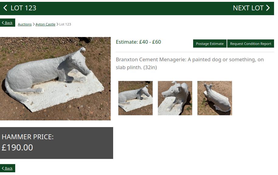 screenshot from auctioneer site of lot 123, estimate £40 - £60, hammer price £190. Three views of what is probably a white dog captioned A painted dog or something, on a slab plinth