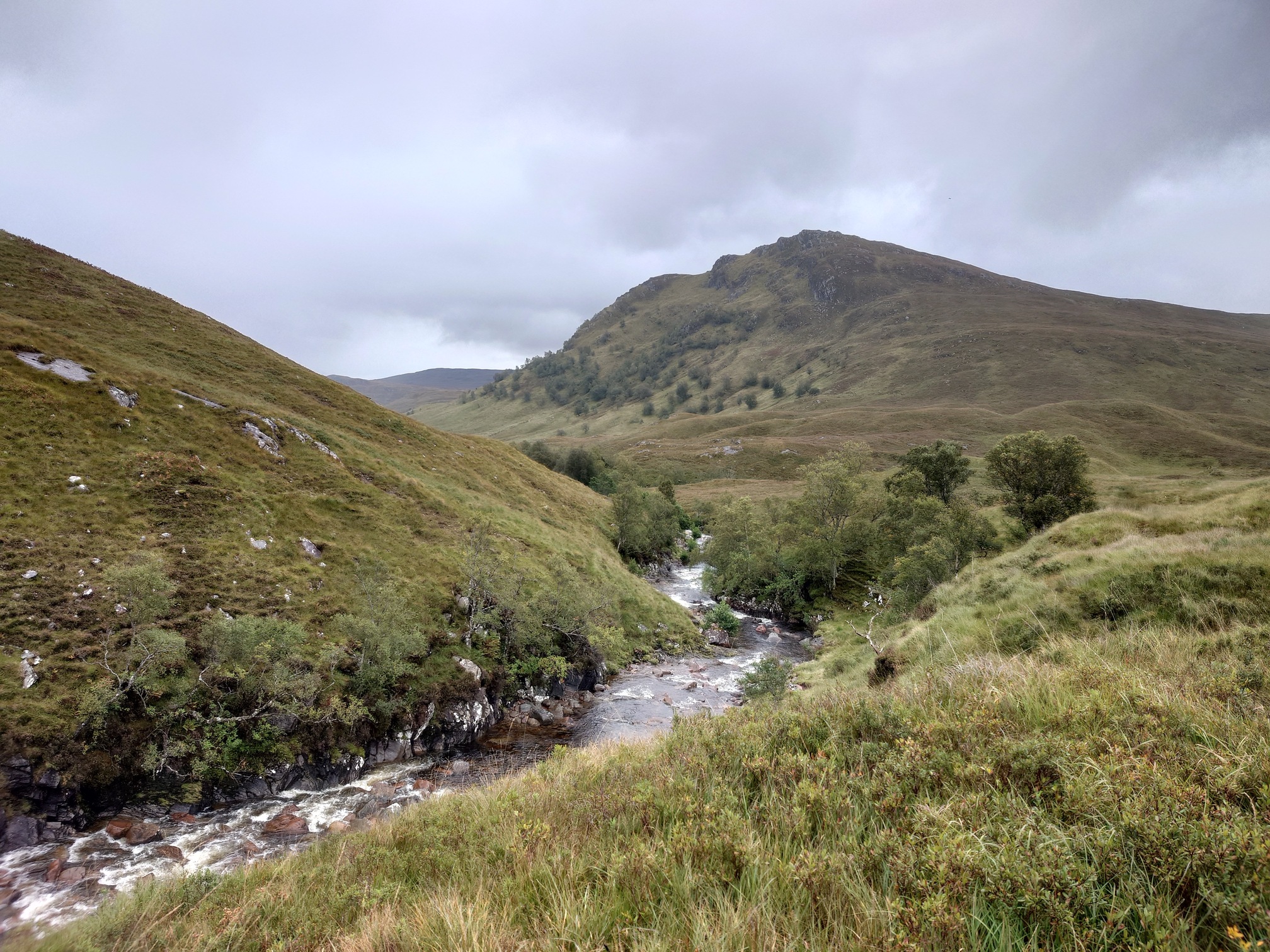The river flows through trees and curves away behind the slopes. In the distance, more hills