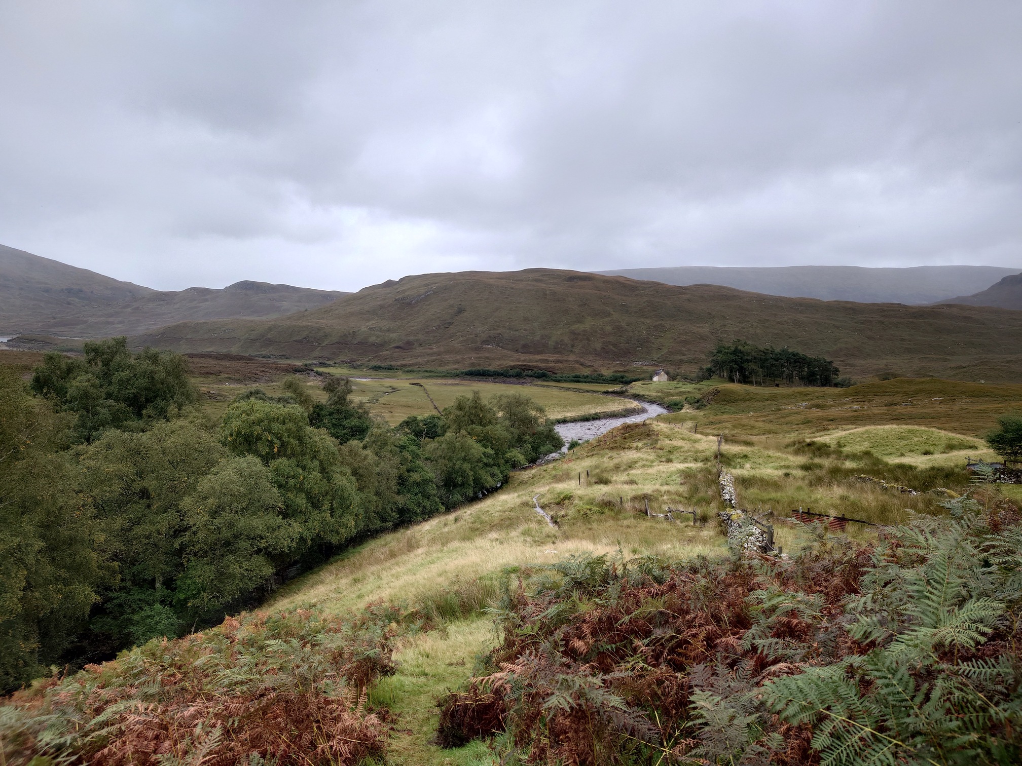 A wide view of the scenery. The river emerges from a patch of tall broadleaf trees, flowing through the centre of the image and past a small white house. In front of me, the path emerges from bracken and runs near a dry stone wall, leading to the house. More hills behind, of course.