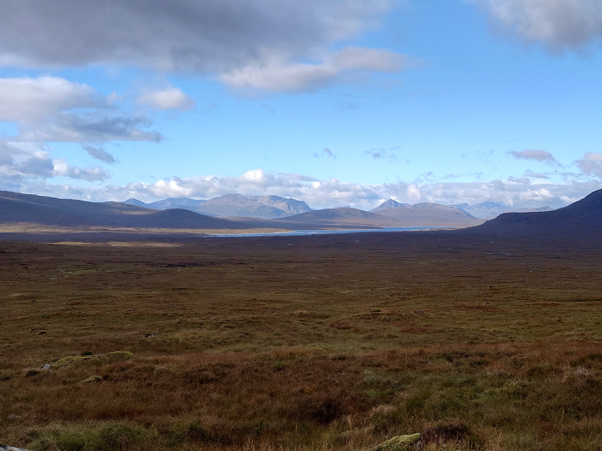 Brown-yellow bog stretches ahead for miles, flat and featureless, until it reaches a large waterbody, behind which mountains rise into the sky, where white clouds hang in the blue sky.