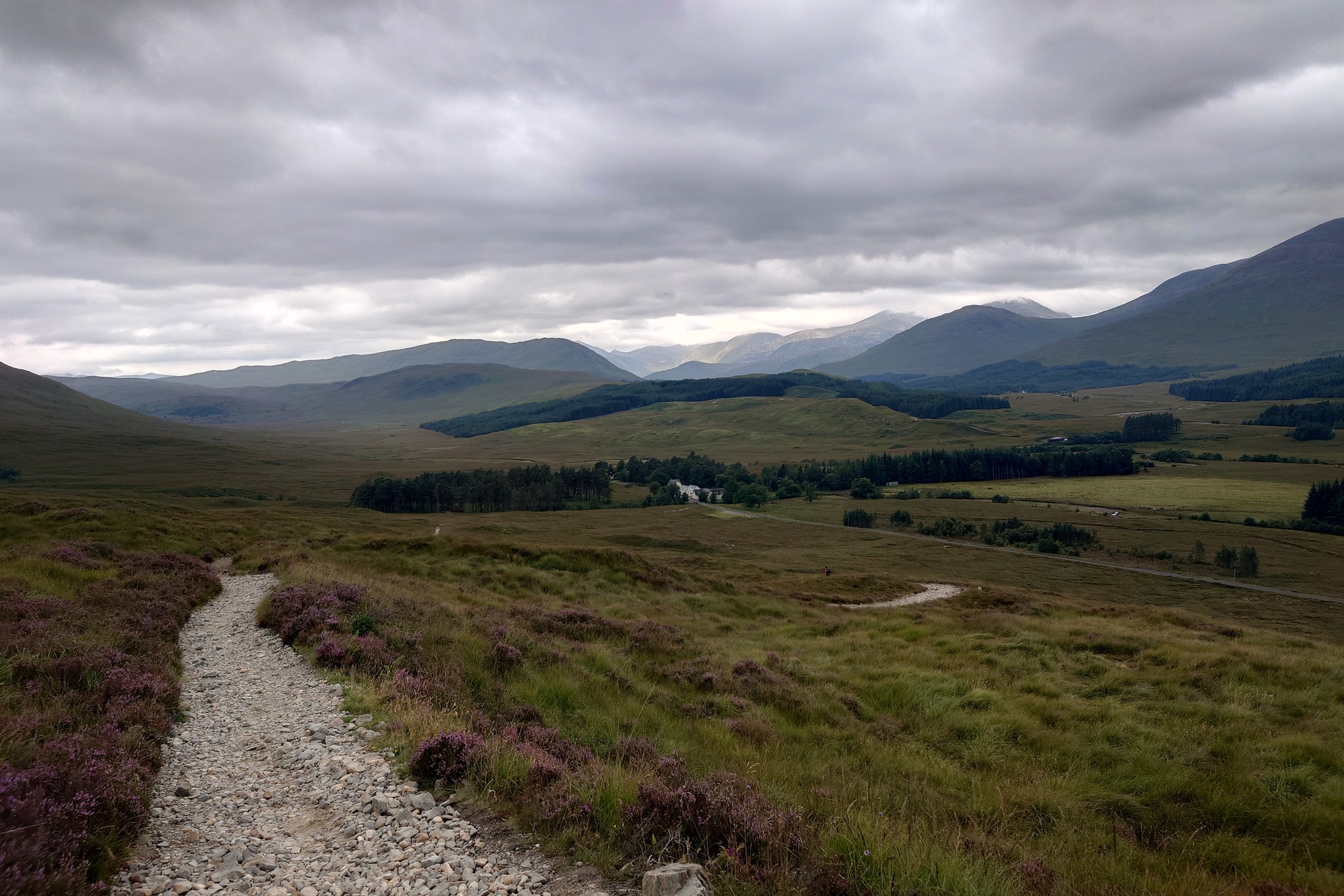 A gravel footpath, the West Highland Way, stretches ahead under a cloudy sky, through tussocky grass towards hills and mountains
