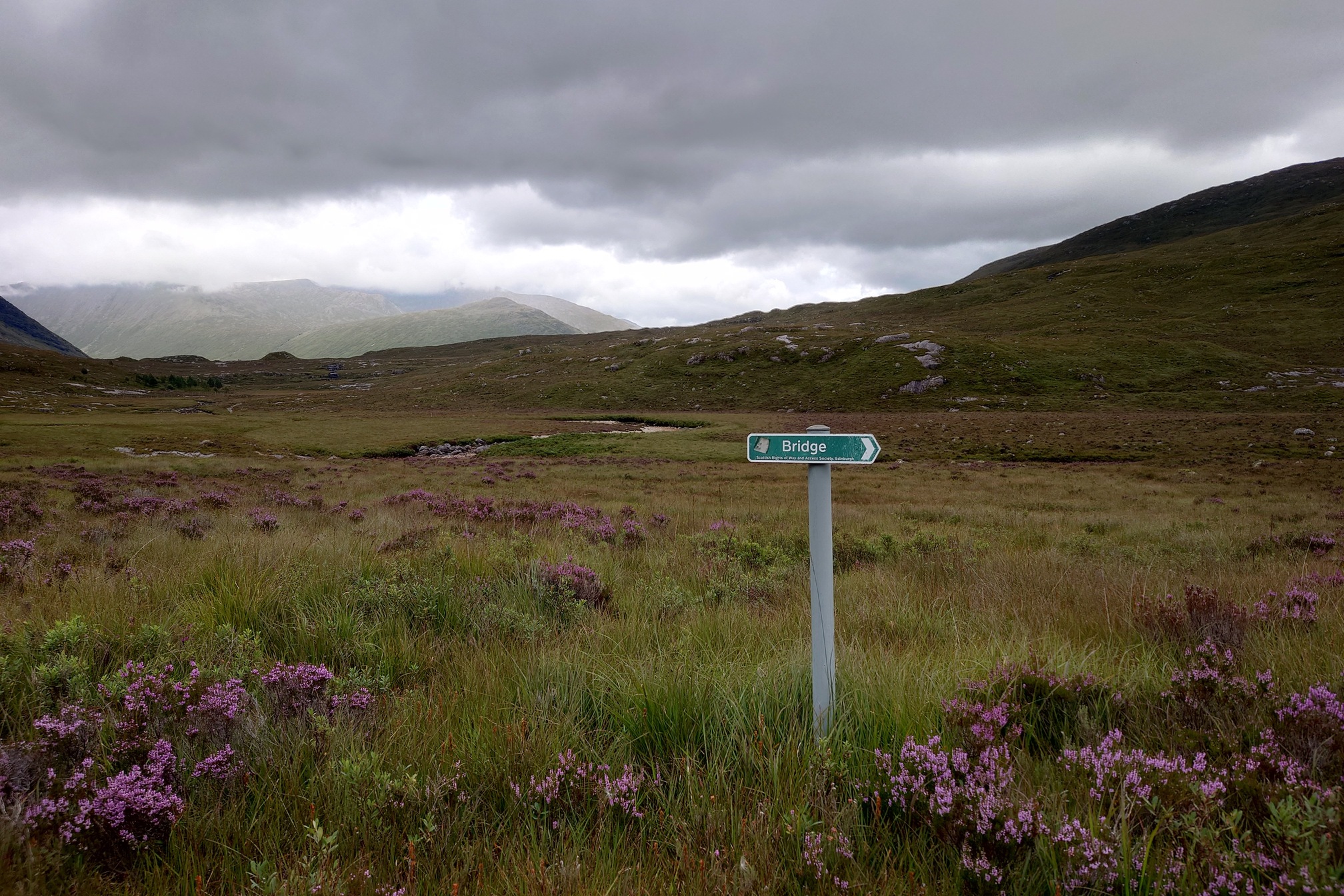 A green directional sign in the heather reads Bridge