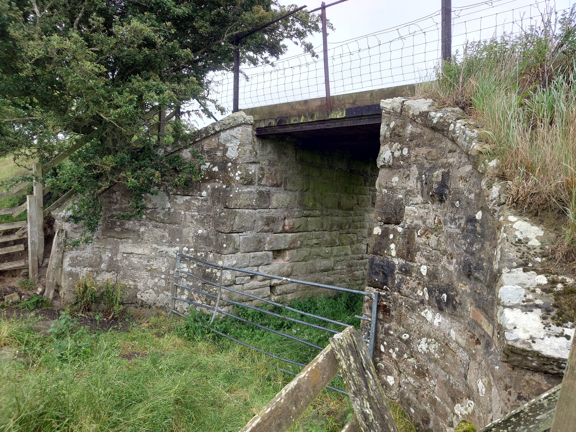 a low, old stone bridge carried the rail bed over a field access crossing. This is now cordened off with barbed wire.