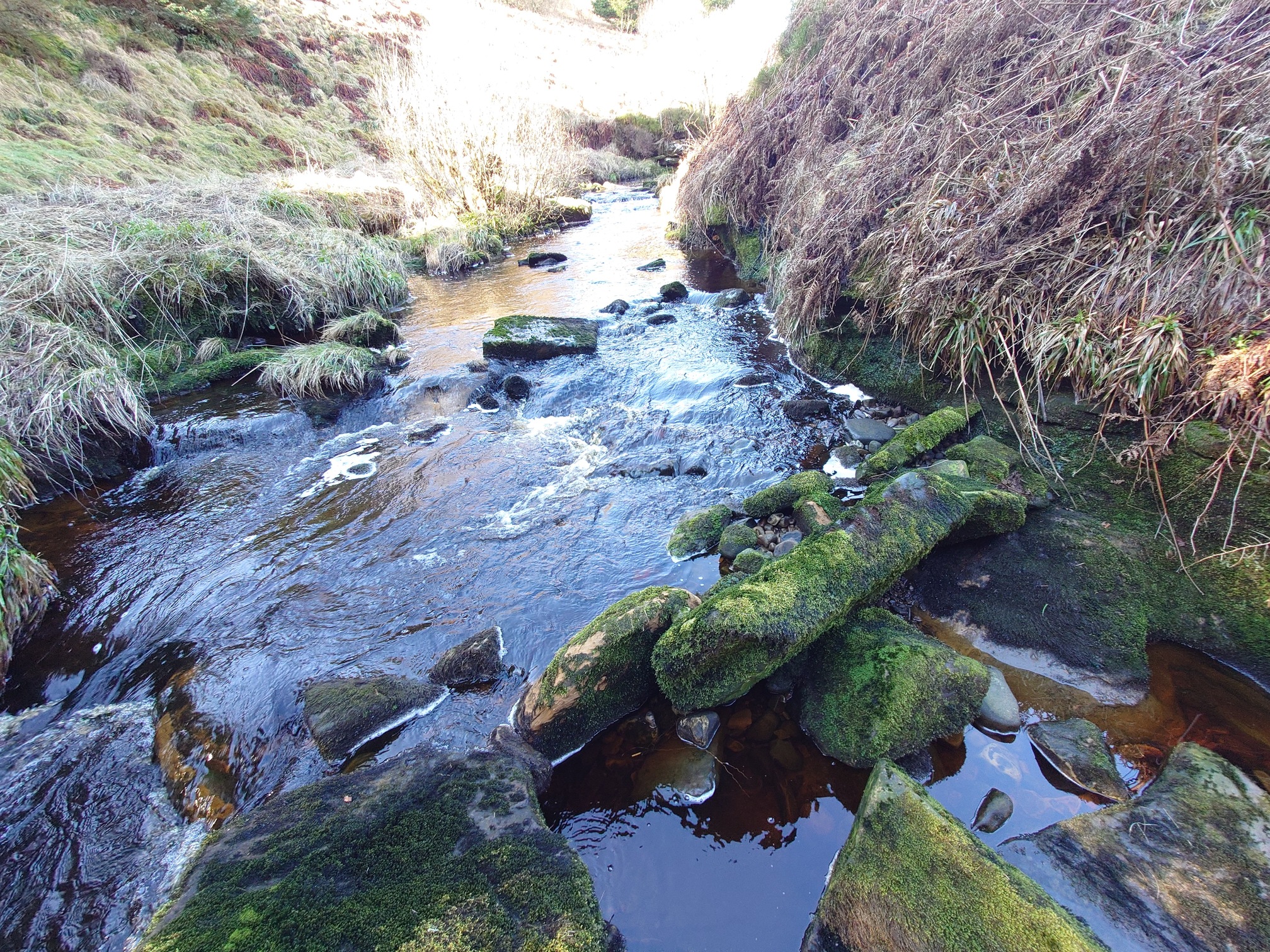 A closer look at rocks in the river, there are several suspiciously flat rocks lying tipped over, with large rocks underneath that could have supported them.