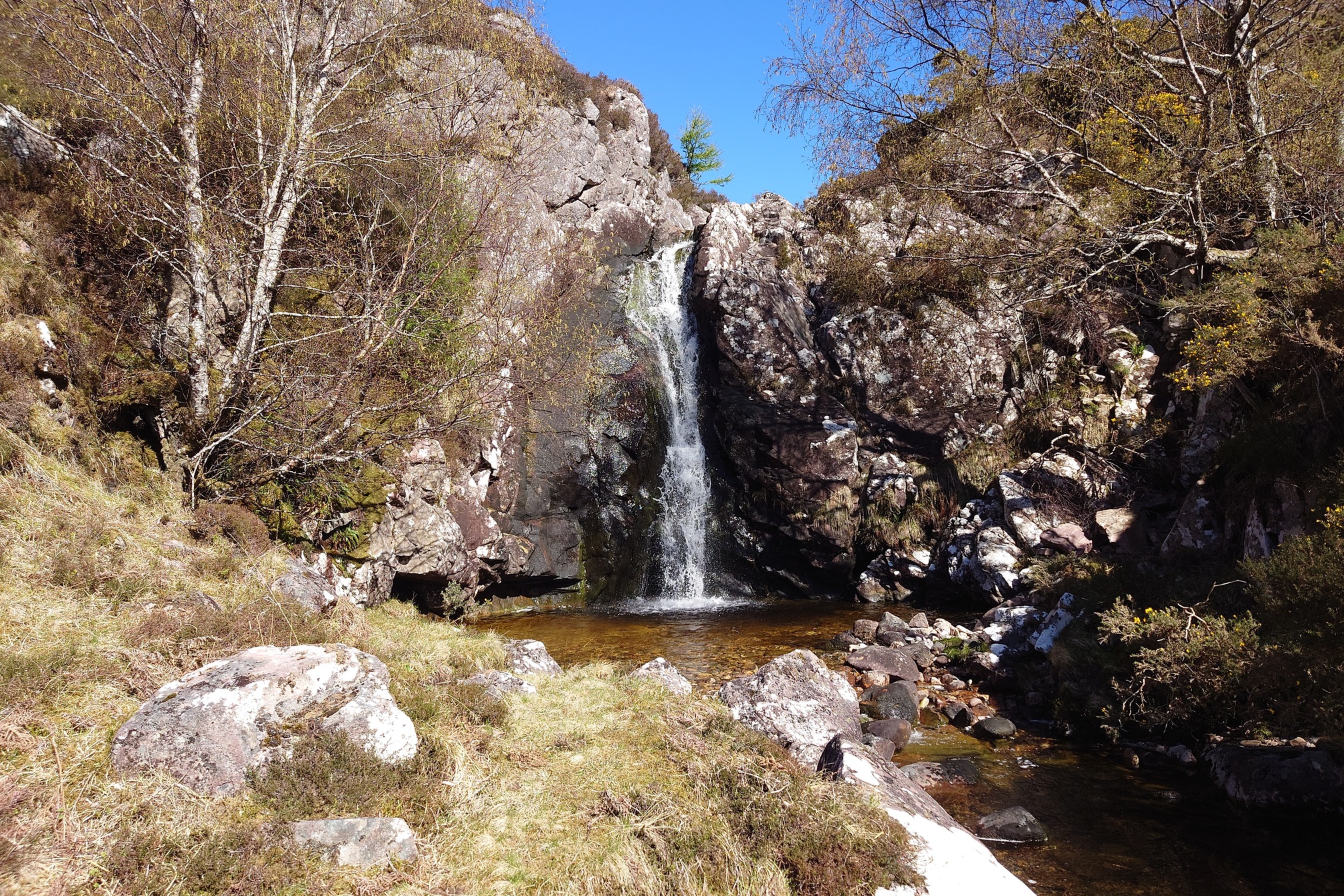 A waterfall cascades over some rocks into a small pool, with a few trees either side